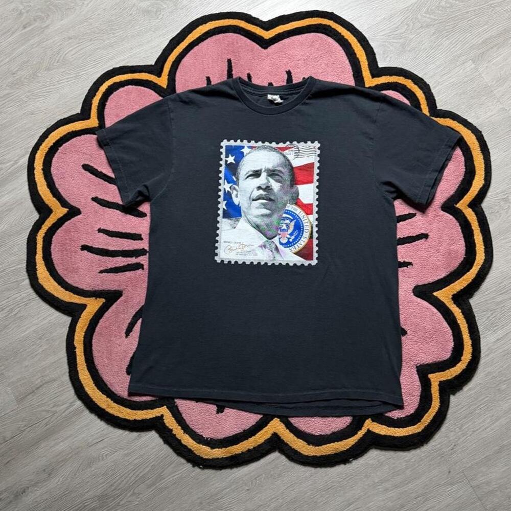 Vintage Y2K Barack Obama Postage Stamp Graphic Logo T-shirt Size Large Black
